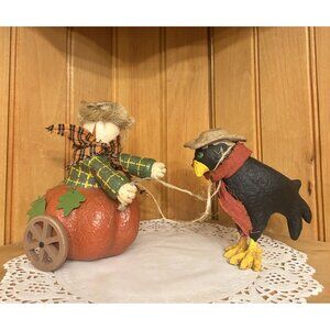 Vintage Pumpkin Scarecrow Crow Figurine Rustic Primitive Kitsch Halloween Fall